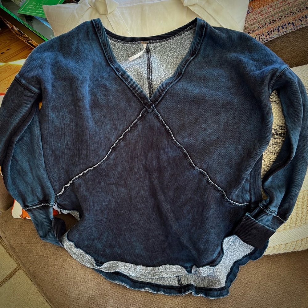 Free People Sweatshirt, V-Neck, Blue Black Pullover, Loungewear Athleisure XS S